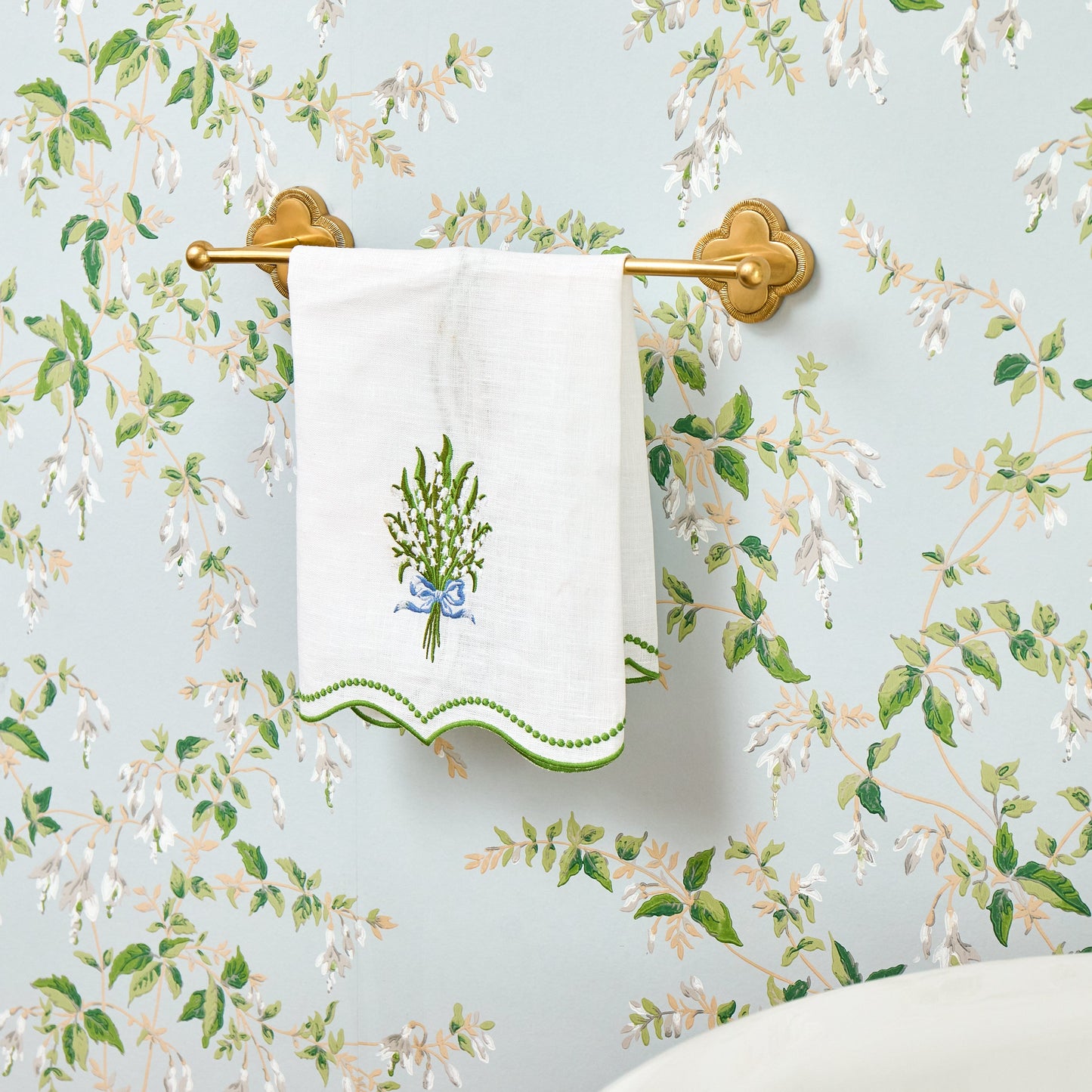White Lily of the Valley Embroidered Linen Hand Towel