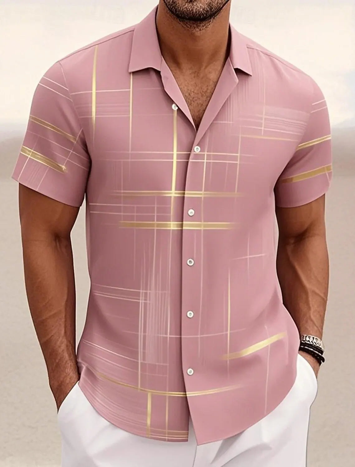 Summer Men's Geometric Grid Plaid Shirts Short Sleeve Turndown Hawaiian Shirt Button Up Shirts No Pockets Shirts