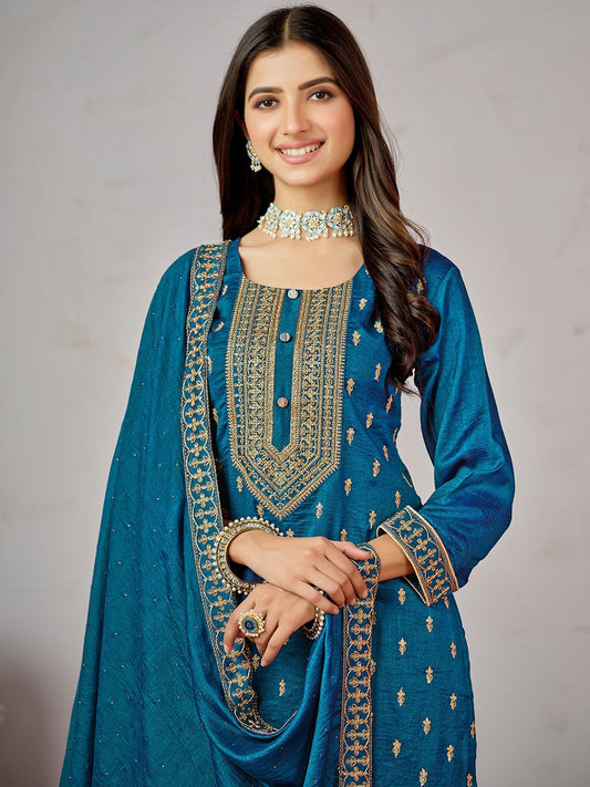 Blue Ethnic Motifs Embroidered Kurta with Churidar & Dupatta