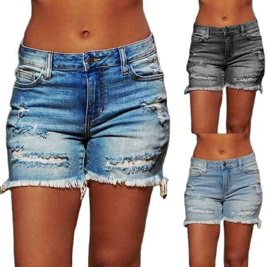 Women's Ripped Fringe High-Stretch Denim Shorts
