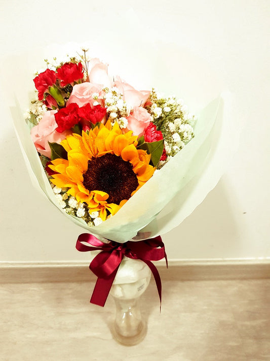 BHAVEESHA - THE SUNFLOWER, CARNATION & ROSE FLOWER BOUQUET