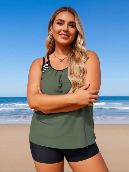 Women's Plus Size Army Green Striped Strap Boyleg Two-Piece Swimsuit