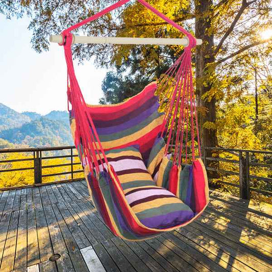 Rainbow Cotton Canvas Hanging Rope Chair – 250 lb Capacity with 2 Pillows for Indoor & Outdoor Use