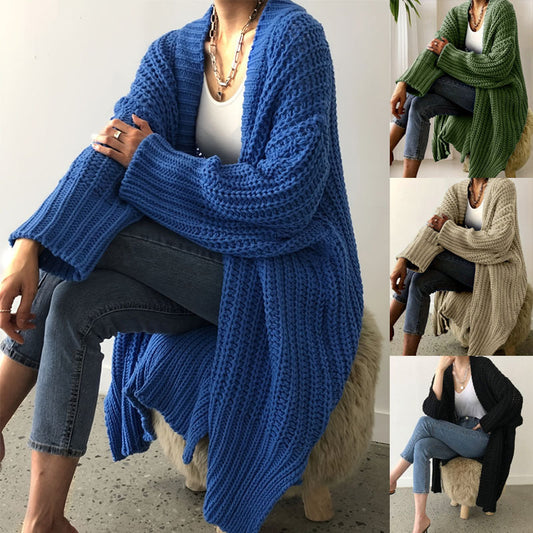 Women's Long Open-Front Knit Cardigan – Blue, Green & Black