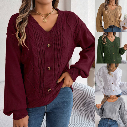 Women's V-Neck Cable-Knit Puff-Sleeve Pullover Sweater – 5 Colors