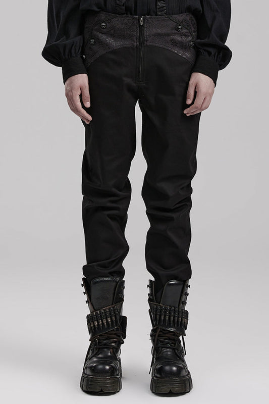 Black Leather Stitching Slim Front Zipper Men's Gothic Pants