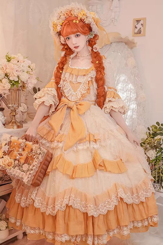 Apricot/Yellow [Floral Garden] Cottagecore Style Square Collar Short Sleeves Multi-Layered Ruffled Hanayome Bow Lace Sweet Plus Size Gorgeous Lolita Jsk Dress