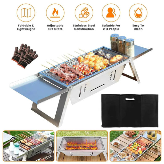 3-in-1 Foldable Charcoal Grill, Fire Pit & Slow Cooker – 201 Stainless Steel, 1472°F Rated for Camping & BBQ