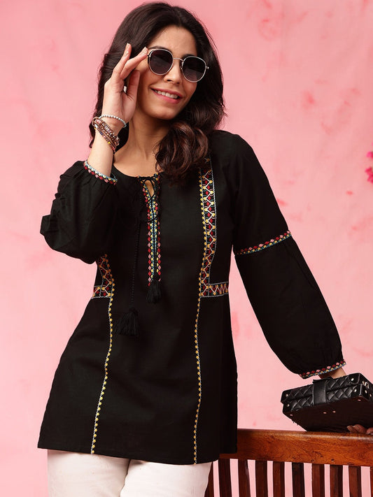 Black Geometric Embroidered Tie Up Neck Pure Cotton Kurti