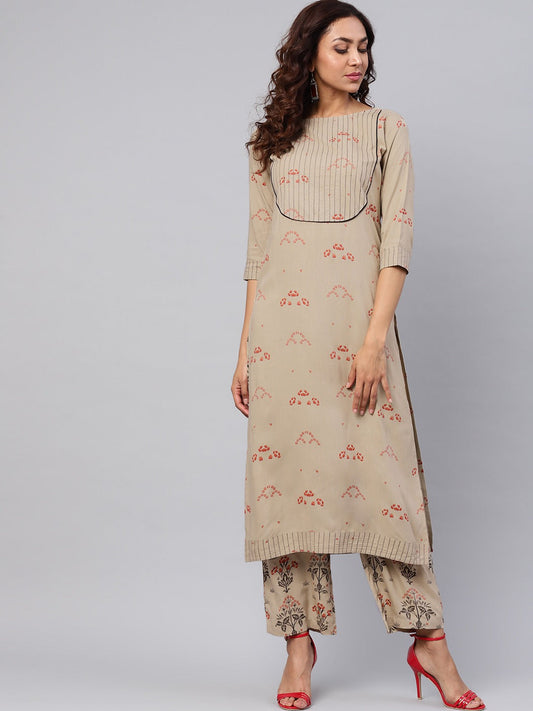 Beige & Red Printed Kurta with Palazzos