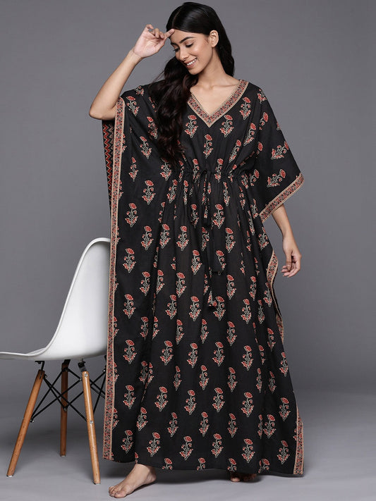 Black Printed Cotton Maxi Nightdress