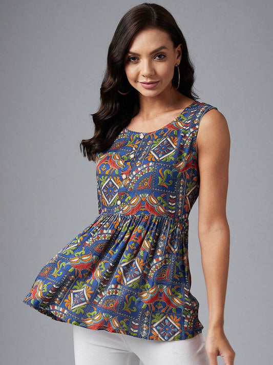 Blue Ethnic Print Empire Top