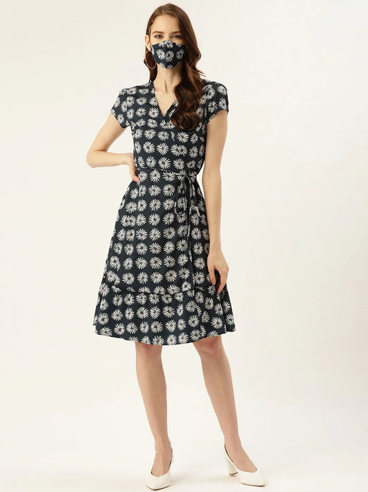 Blue Floral Crepe Dress