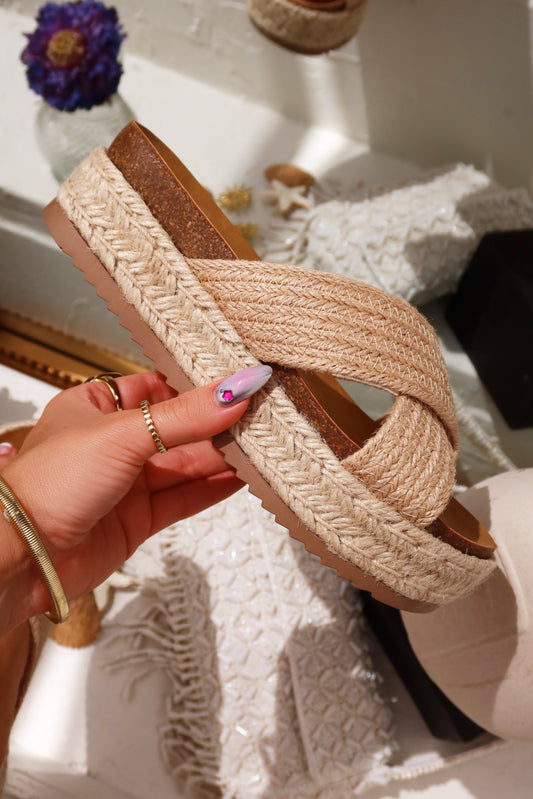 Palm Beach Raffia Platform Slip On Sandals - Natural
