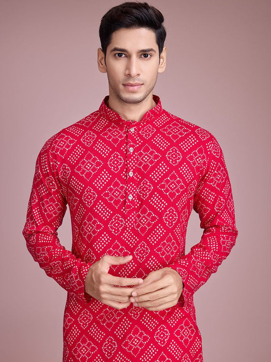 Bandhani Printed Mandarin Collar Long Sleeves Straight Kurta