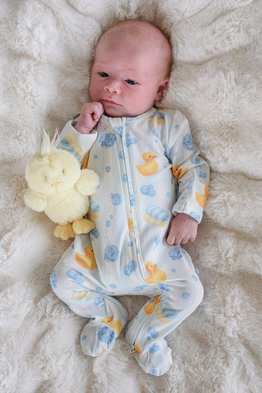 Bamboo Zipper Footie Pajamas | Bubble Duckies Blue