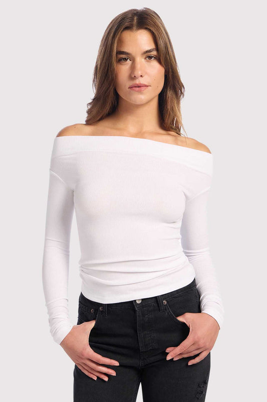 Slinky Rib Off-The-Shoulder Shirt | White