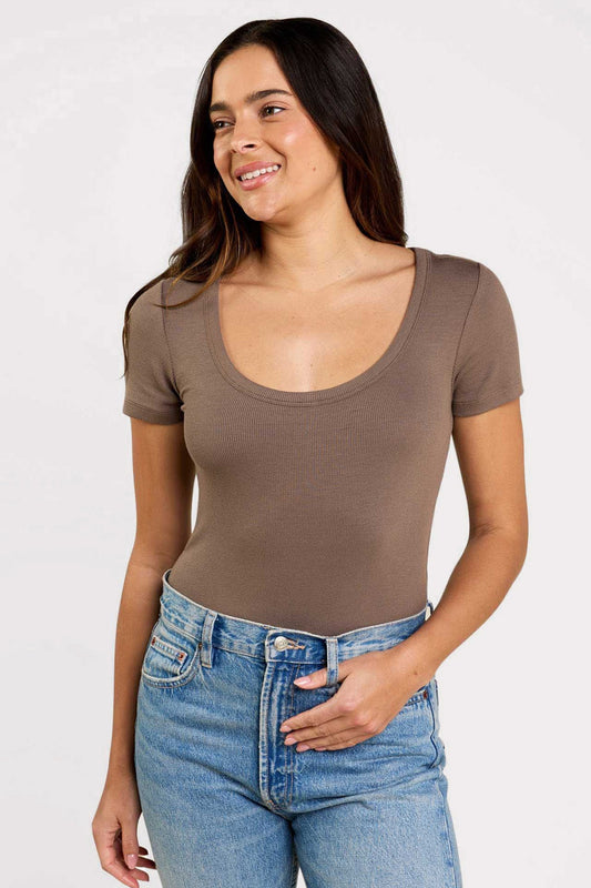 Slinky Rib Short Sleeve Bodysuit | Mocha