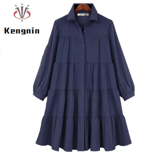 2025 Spring Women Casual Shirt Dresses Loose Office Lady Work Vestidos Soild Color Plus Size 4XL Female Pleated Dress Robe KE211