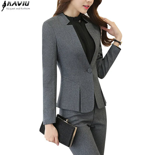 Fashion Business Women Interview Pants Suit Work Wear Office Ladies Long Sleeve Slim Formal Blazer and Trousers Set