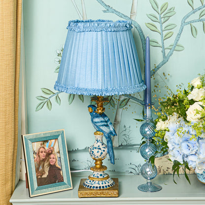 Blue Parrot Lamp with Soft Blue Frilled Silk Shade (30cm)
