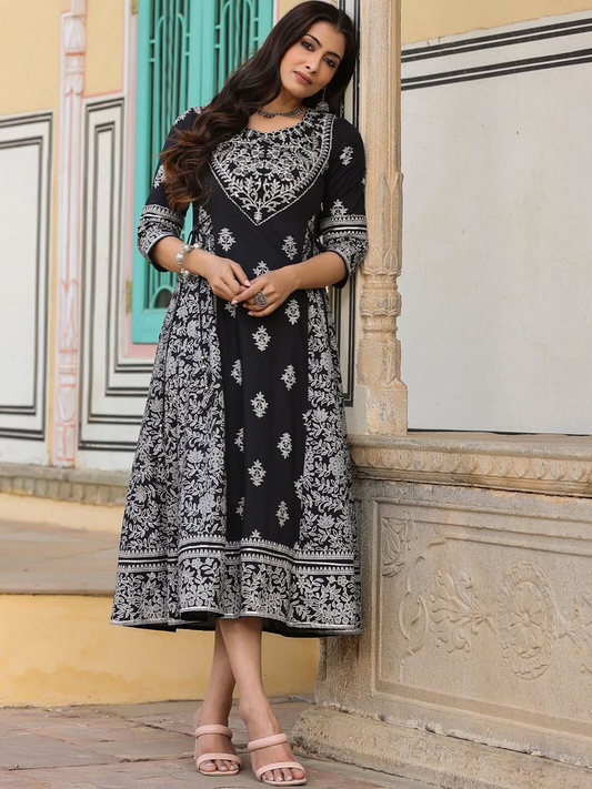 Black & White Printed Cotton Fit & Flared Midi Ethnic Dress