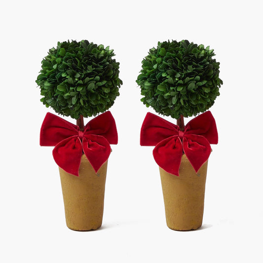 Red Ribboned Potted Boxwood Ball (Pair)