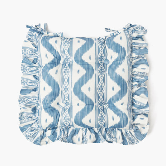 Frilled Blue Ikat Seat Pad Cushion