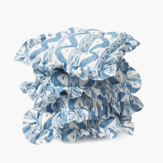 Frilled Blue Ikat Seat Pad Cushions (Set of 4)