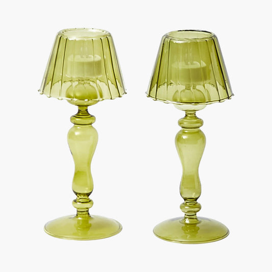 Olive Glass Lantern Tea Light Holder (Pair) - 24 cm