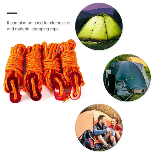 Reflective Tent Guy Ropes – 4pcs, 4mm × 2m, High-Strength with 2-Hole Tensioner Buckle