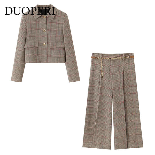 DUOPERI Women's 2 Piece Set Plaid Single Breasted Blazer & Side Zipper Calf-Length Trousers Casual Female Chic Lady Pants Sets