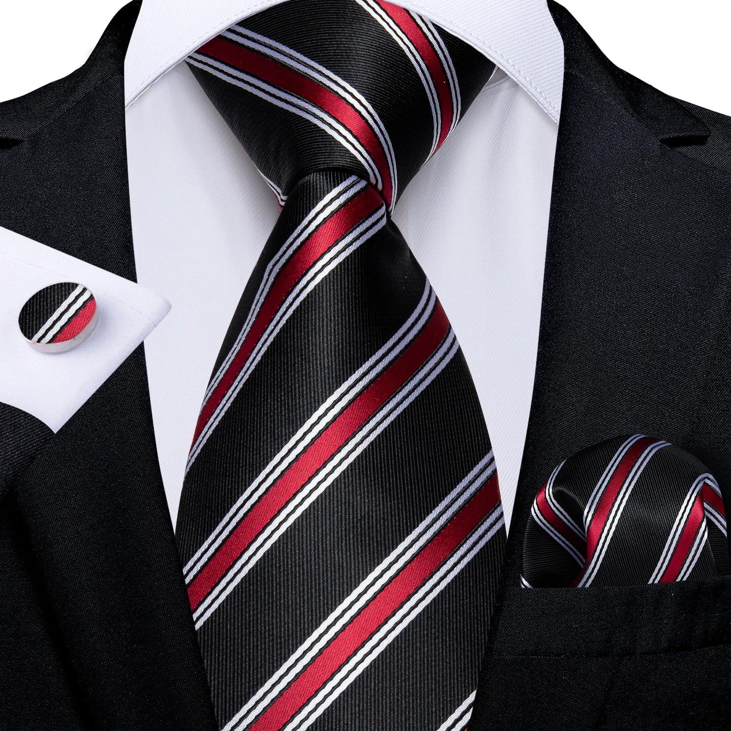 Men's Black Ties Handkerchief Cufflinks Business Formal Floral Striped Solid 8cm Necktie Gift for Husband Wedding Accessories