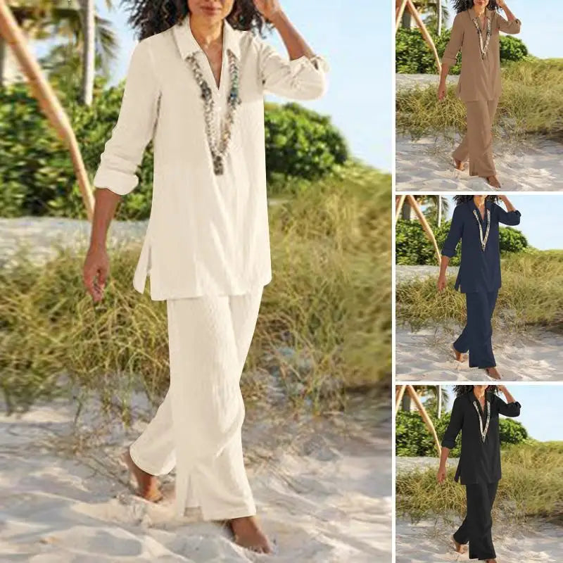 Spring Autumn Plus Size Women's Solid Color Chinese Style Retro Pants Set Cotton Linen Casual Long Sleeved Loose Cotton Set