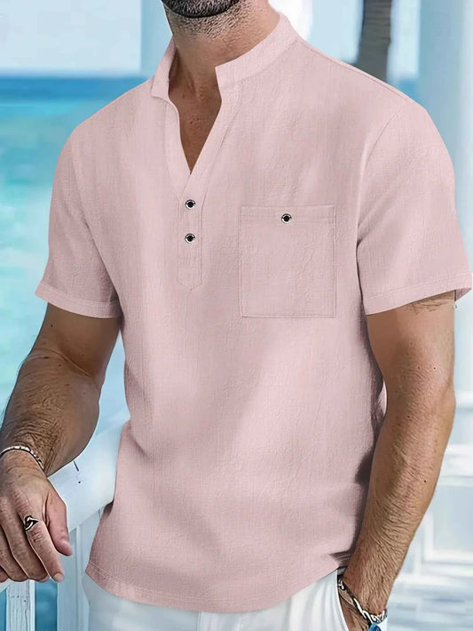 Men's Cotton Linen Short-Sleeve Shirt with Stand Collar & Half-Button Placket - Casual Outdoor Leisure Wear for Spring and Summe