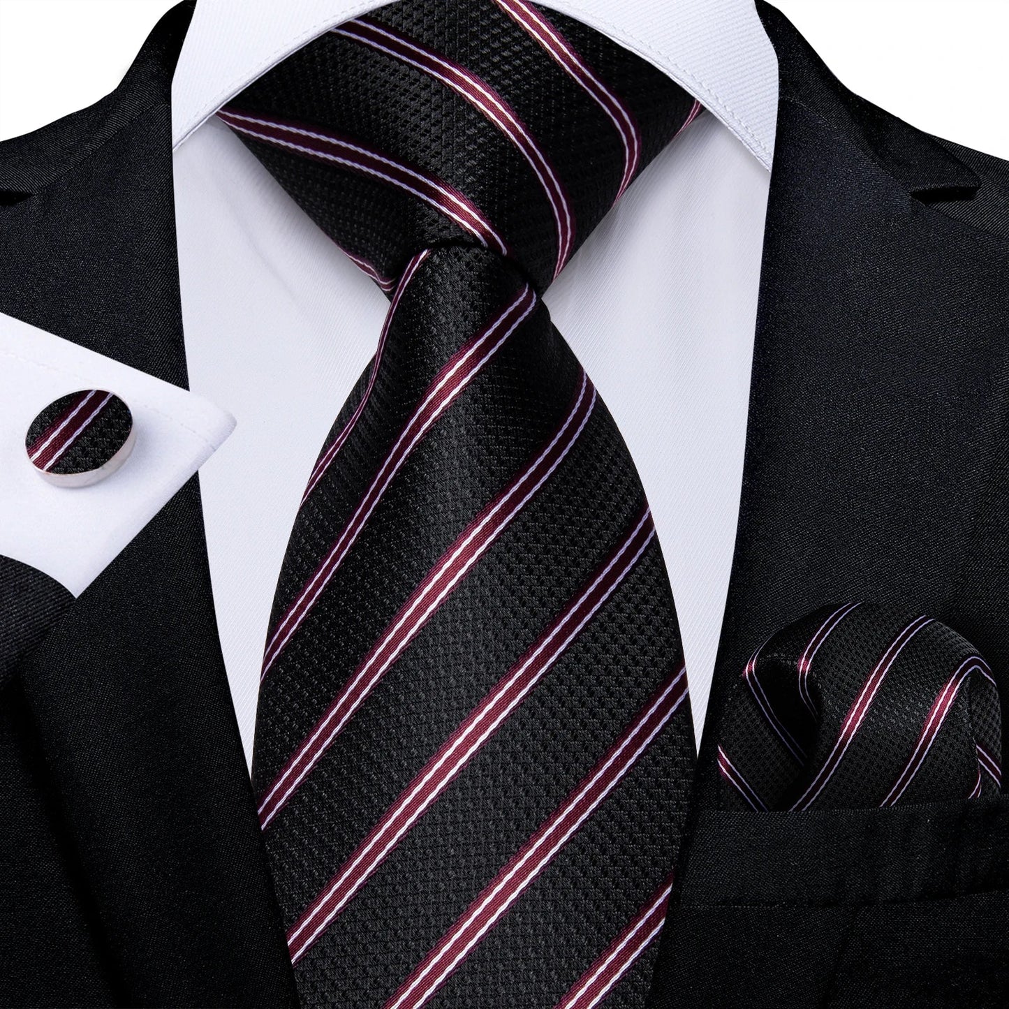 Men's Black Ties Handkerchief Cufflinks Business Formal Floral Striped Solid 8cm Necktie Gift for Husband Wedding Accessories