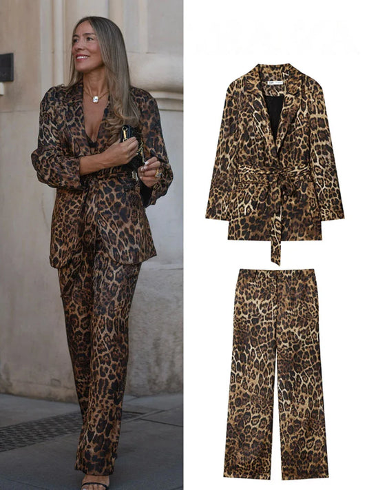 HH Women Autumn 2-Piece Set Chic Leopard Print Turn-Down Collar Pockets Belt Design Blazers+High Waist Zipper Wide-Leg Pants