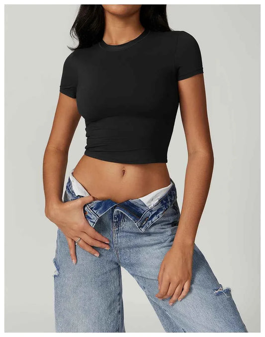Solid color women's soft breathable yoga short-sleeved comprehensive training tight T-shirt with exposed belly button