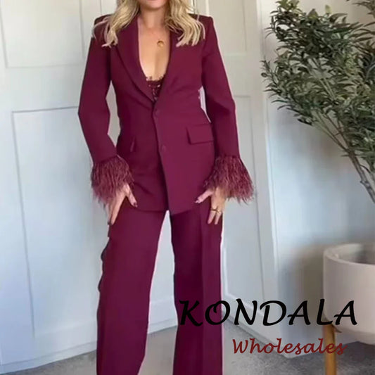 KONDALA 2025 Office Lady Fashion Slim Suits Single Breasted Feather Trim Blazer+Zipper Pockets Long Pants Fashion Female Suit