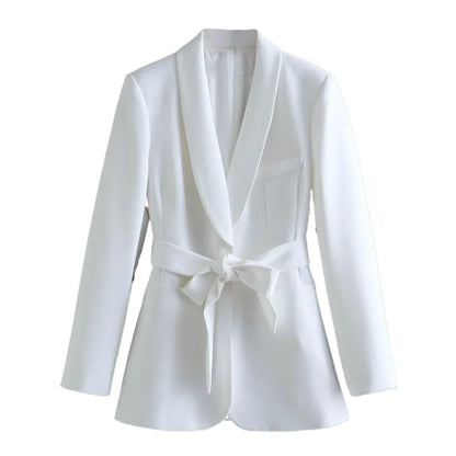 Spring and Autumn Women's Casual Blazer Chic Outerwear Slim Straight Pants Long Sleeve V-Neck Belted Office Commuter Suit Set