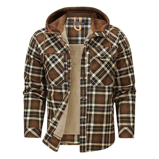 Winter Men Plaid Fleece Shirts Coats Mens Hooded Casual Shirts Man Sport Outdoor Loose Shirt Jacket Men Button Down Hoodie Shirt