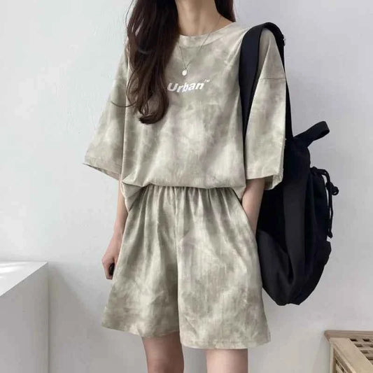 Women T-Shirt Shorts Suit Set Casual Tie Dye Loose t-shirt and wide leg middle shorts with pockets female Soft Summer Shorts Sets