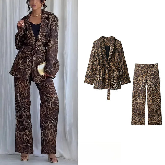 KONDALA Vintage Leopard Print Women Suits V Neck Sashes Long Sleeve Oversized Blazer+Wide Leg Pants Fashion 2025 Autumn Suits