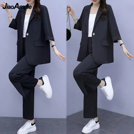 2026 Women Spring New Casual Blazers Jacket Trousers Matching Set Korean Elegant Loose Suit Coat Pants Two Piece Female Clothing
