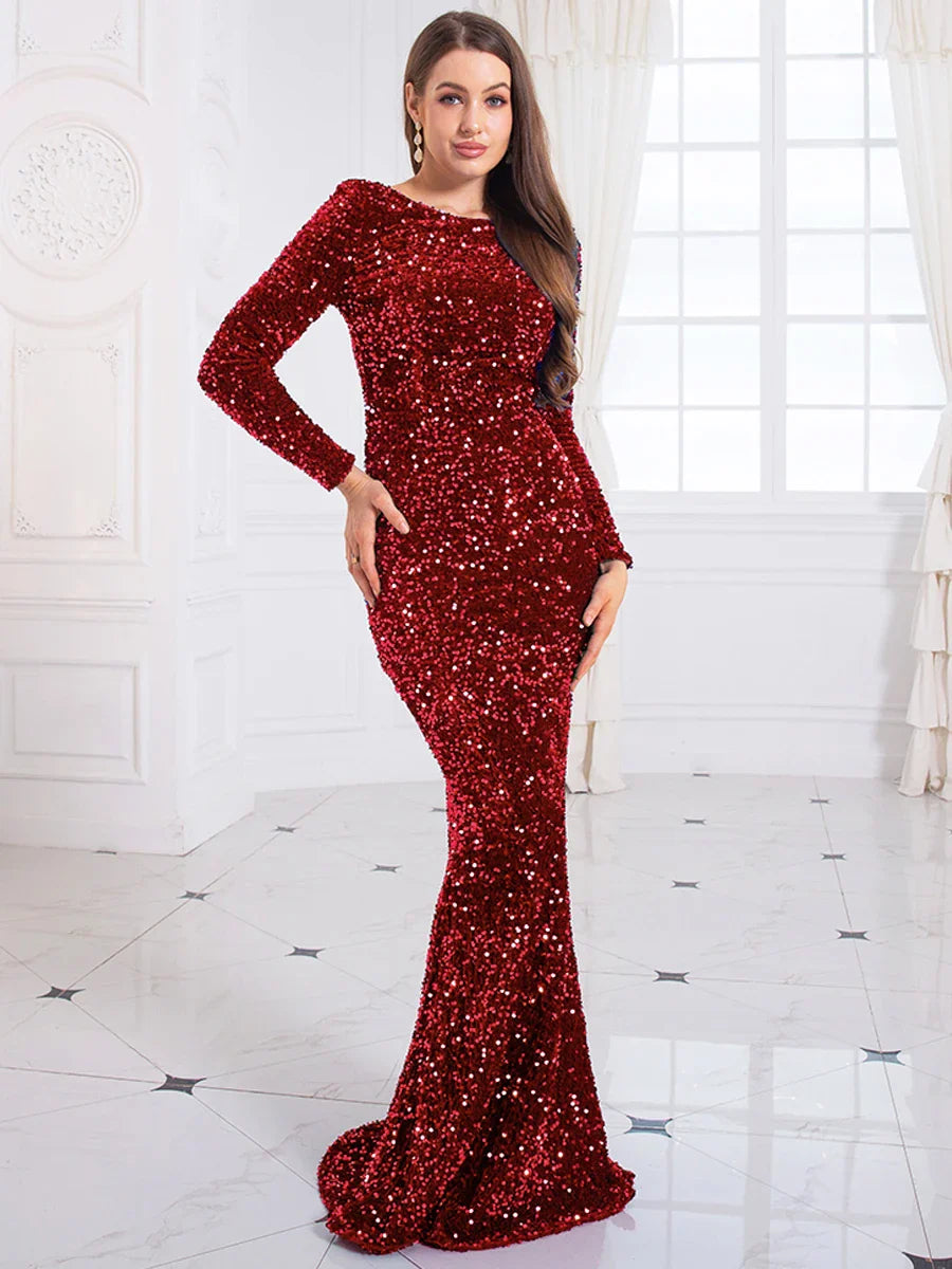 Romagic Elegant Women Modest Stretch Sequin Royal Blue Wedding Prom Gown Long Sleeves Mermaid Formal Evening Party Dress 2025
