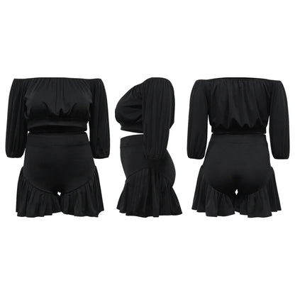 CM.YAYA Plus Size Women's Set Long Sleeve Slash Neck T-Shirt and Shorts 2025 Summer Ruched Two 2 Piece Set Outfits Tracksuit