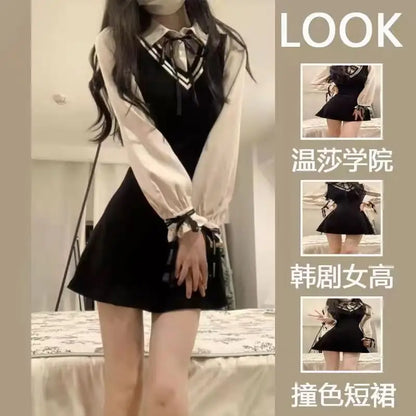 Spring Summer Fashion Fake Two Pieces Dresses Women High Street Turn-down Collar Long Sleeve Dress Elegant Button Bow Vestidos