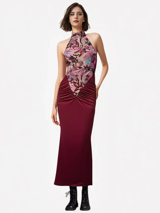 Sexy Red Floral High-Neck Bodycon Dress with Pleated Detailing – Halter Sleeveless Evening Gown | Stylish Party Wear