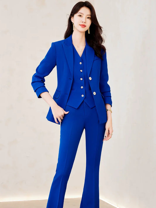 Elegant Women's Office Suit Jacket Pants Vest 3 Piece Blue Notch Lapel Jacket Autumn Women's Pants Sets ropa de mujer