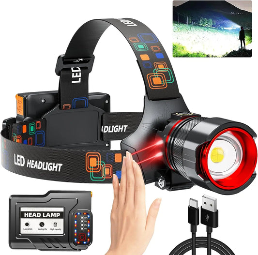 Rechargeable Headlamp 990000 Lumens Motion Sensor Zoomable Headlamp 12 Modes IPX7 Waterproof for Camping Running Emergency